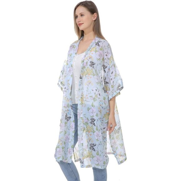 Women’s Chiffon Kimono Polyester Open Front Duster Kimono Beach  Cover Up - Picture 4 of 5